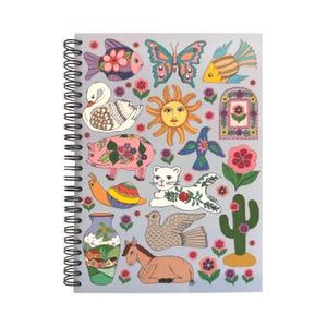 May include: Spiral-bound notebook with a light gray cover featuring colorful illustrations of a fish, butterfly, sun, swan, pig, cat, snail, bird, vase, horse, cactus, and flowers. The notebook has a black spiral binding.