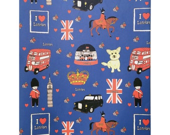 London Theme Wrapping Paper, Queen Elizabeth II Crown Corgi London Taxi Routemaster Bus Gift Wrap Pack of 3 Sheets