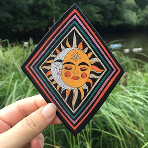 Metallic Sun and Moon Diamond shaped Iron on Patch, Celestial Gift, Winter Solstice Summer Solstice Mystical Patch, Patch For Jacket or Bag
