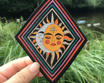 Metallic Sun and Moon Diamond shaped Iron on Patch, Celestial Gift, Winter Solstice Summer Solstice Mystical Patch, Patch For Jacket or Bag