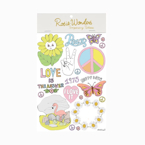 70s Inspired Peace & Love Temporary Tattoos, Daisy Chain Tattoo, Peace Sign Tattoo, Teen Birthday Gift, Gift for Her