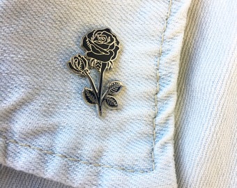 Black Rose Pin, Lapel Pin, Enamel Pin - Silver and Black or Black and Gold Rose Pin, Birthday Gift