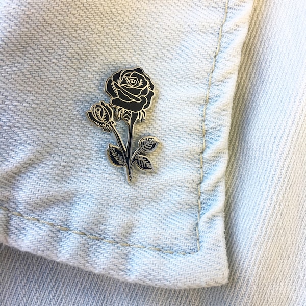 Black Rose Pin, Lapel Pin, Enamel Pin - Silver and Black or Black and Gold Rose Pin, Birthday Gift