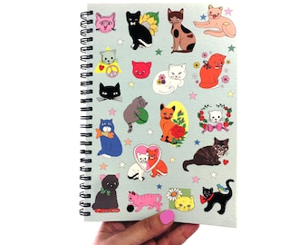 Cats Spiral Bound Notebook, Thick 100 Lined Pages Notepad, Cat Lover Gift, Cats Pattern Birthday Gift, Letterbox Gift, Back To School