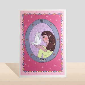 Cartão de aniversário do zodíaco de Virgem, cartão feito à mão com brilho do signo da estrela, aniversário de setembro, cartão de arte ilustrado de aniversário de agosto