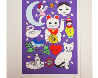 Lucky Cat A4 Hand Decorated Print