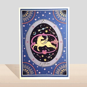 Boogschutter Zodiac verjaardagskaart, sterrenbeeld glitter handgemaakte kaart, november verjaardag, december verjaardag geïllustreerde kunstkaart