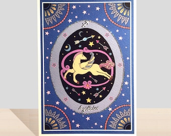 Sagittarius Zodiac Birthday Card, Star Sign Glitter Handmade Card, November Birthday, December Birthday Illustrated Art Card