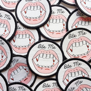 Halloween Dracula Teeth Bite Me Iron on Patch, Gothic iron on Patch, Vampire Teeth Patch, Alternative Valentines Gift