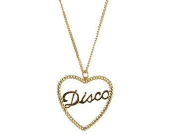 Gold Disco Rope Necklace, Cute 70's Theme Pendant Necklace, Heart Necklace Birthday or Valentines Gift