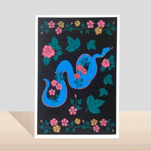Bunte Schlangenkarte, Florale Blätter Flora und Fauna Handgemachte Karte für jeden Anlass