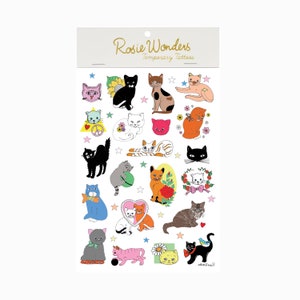 Hoja de tatuajes temporales de gatos A5, lindos tatuajes falsos para amantes de los gatos, tatuajes para niños como recuerdo de fiesta, regalo para niños y niñas, relleno de medias