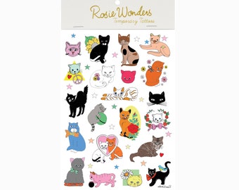 Cats A5 Temporary Tattoo Sheet, Cute Cat Lover Fake Tattoos, Child's Tattoos Party Favour, Gift For Boys and Girls, Stocking Filler