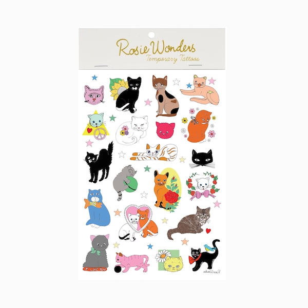 Cats A5 Temporary Tattoo Sheet, Cute Cat Lover Fake Tattoos, Child's Tattoos Party Favour, Gift For Boys and Girls, Stocking Filler