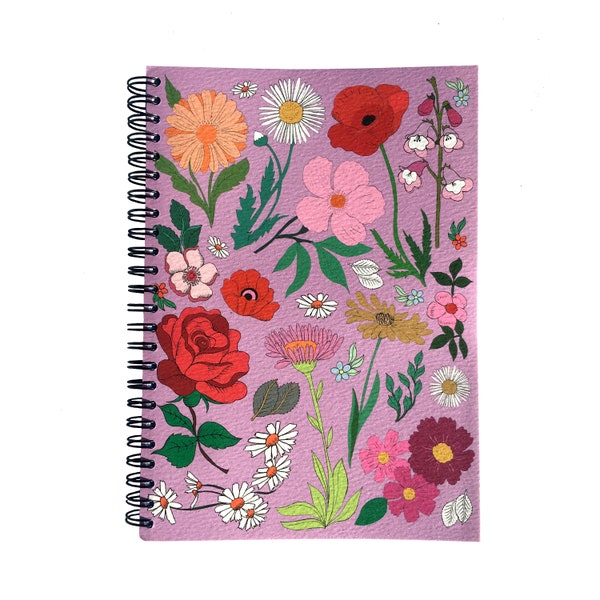 Flowers A5 Notepad, Floral Illustration 100 Page Spiral Bound Notepad, lined thick pages notebook, Birthday Mother's Day or Valentines Gift