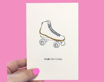 Roller-skate Birthday Card, Personalised Glitter Roller-Skating Birthday Card, Handmade Illustrated Card, Roller Disco Card