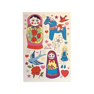 Cartão de aniversário ilustrado de bonecas russas infantis, cartão de aniversário de cavalo sueco, cartão de boneca de madeira polonês