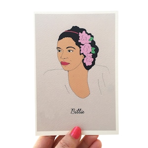 Carte d'anniversaire de vacances de Billie. Carte de personnage emblématique, carte pour mélomane, chanteuse de jazz Billie Holiday Mini Impression artistique