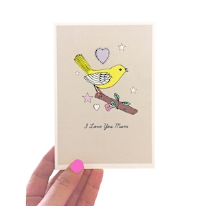Gelber Vogel Ich liebe dich Mama Karte für Muttertag, personalisierte handgemachte illustrierte Karte für Mama
