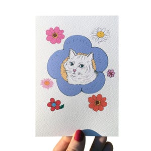 Biglietto di auguri con gatto e fiori per un amante dei gatti, biglietto di auguri di compleanno a tema gatto