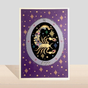 Schorpioen Zodiac verjaardagskaart, sterrenbeeld glitter handgemaakte kaart, oktober verjaardag, november verjaardag geïllustreerde kunstkaart