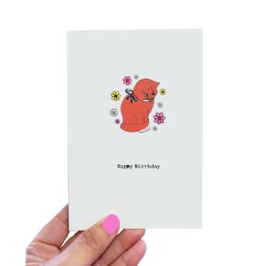 Gember kat verjaardagskaart, handgemaakte kaart voor kattenliefhebber, gember kat met bloemen schattig geïllustreerde kaart