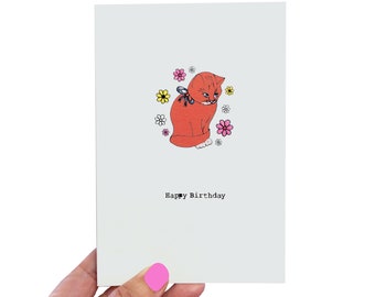 Ginger Cat Birthday Card, Handmade Card For Cat Lover, Ginger Cat With Flowers Cute Illustrated Card