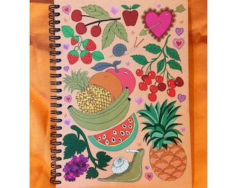 Fruit A5 Notepad, Cherries Snail and Tropical Fruit 100 Page Spiral Bound Notepad, lined thick pages notebook, Birthday or Christmas Gift