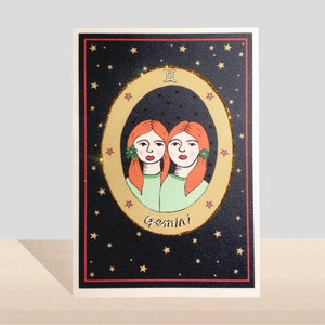 Biglietto d'auguri zodiacale Gemelli, biglietto fatto a mano con segno zodiacale Glitter, compleanno di maggio, biglietto d'arte illustrato compleanno di giugno