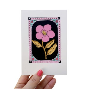 Cartão de flor indiana, cartão floral feito à mão, cartão de flor rosa, cartão de aniversário