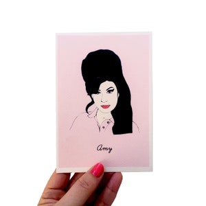 Amy Winehouse figura icónica tarjeta ilustrada hecha a mano, tarjeta para un músico, tarjeta de cumpleaños Amy Winehouse Fan Beehive Hair, tarjeta Amy Tribute