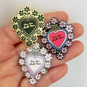 Mexican Milagros Lapel Pin, This Too Shall Pass, Mexican Floral Heart Pin, Sacred Heart Enamel Pin, Gift of Support, Valentines Gift