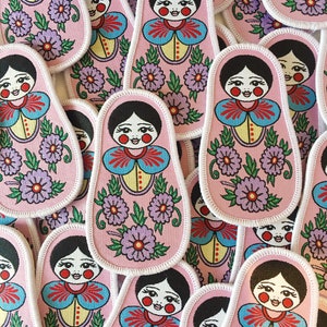 Russian Doll Iron on Patch, Lilac Pastel Nesting Doll Patch For Jacket or Bag, Small Iron on Matrioska Patch For Denim, Girl&#39;s Party Gift