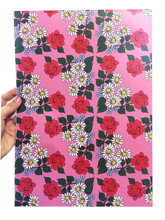 Roses Wrapping Paper, Pack of 3 Sheets, Rose Pattern Illustrated Gift Wrap, Scrapbooking Paper, Birthday Wrap, Valentines Wrapping Paper