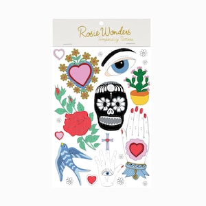 Mexican Milagros Temporary Tattoos, Halloween Day of The Dead Sugar Skull Tattoo, Gold Foil Sacred Heart Red Rose and Mexican Hand Tattoos