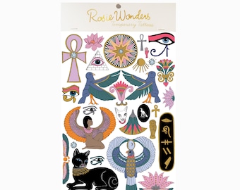 Ancient Egypt A5 Temporary Tattoos, Metallic Egyptian Revival Ankh and Eye of Horus Tattoos, Bastet Cat Goddess Tattoo, Hen do Fake Tattoos