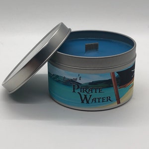 Sparrows Pirate Water | Disney Inspired Scented Candle | 8oz Tin With Wood Wick | Disney World | Magic Kingdom | Pirates of the Caribbean