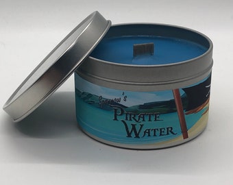 Sparrows Pirate Water | Disney Inspired Scented Candle | 8oz Tin With Wood Wick | Disney World | Magic Kingdom | Pirates of the Caribbean