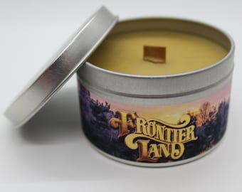 Frontier Land | Disney Inspired Scented Candle | 8oz Tin With Wood Wick | Memories | Magic Kingdom | FrontierLand | Family Vacation