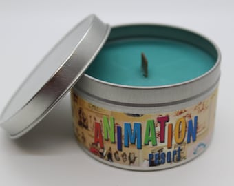 Animation Resort | Disney Inspired Scented Candle | 8oz Tin With Wood Wick | Memories | Family Vacation | Art Of Animation | Disney Resort