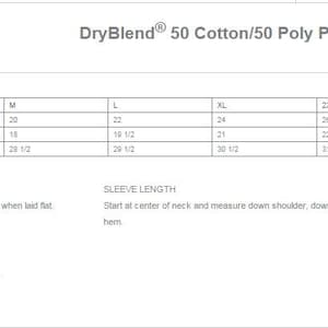 May include: A size chart for a DryBlend&reg; 50 Cotton/50 Poly Pocket T-Shirt. 8300. The chart shows the chest, sleeve length, and body length at back measurements for sizes S, M, L, XL, 2XL, and 3XL.