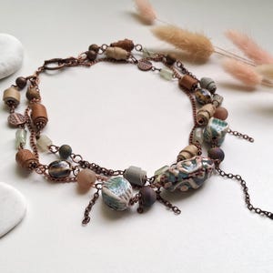 Bohemian Multirow Beaded Necklace: Ceramic, Leather, Copper & Green Quartz
