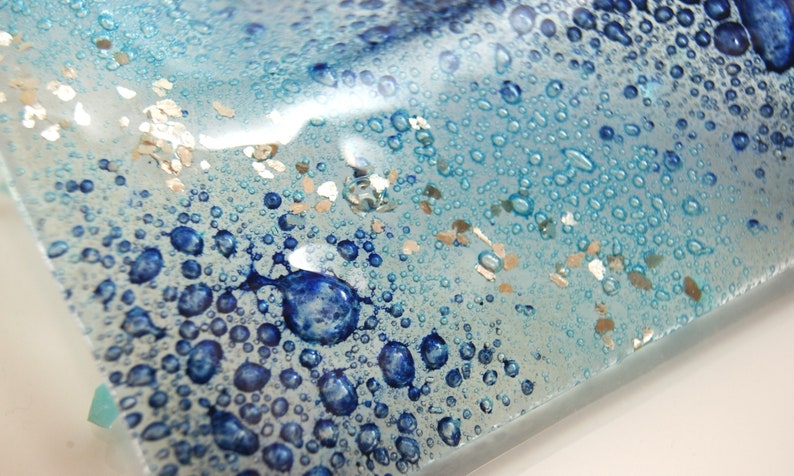 SHORES Sea Glass Handmade Trinket Tray, Blue Bubbles, square dish OOAK image 10