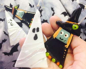 2 Mix n Match Cute Halloween ornaments Witch, Ghost, Pumpkin, Bat Handmade Fused Glass Decoration
