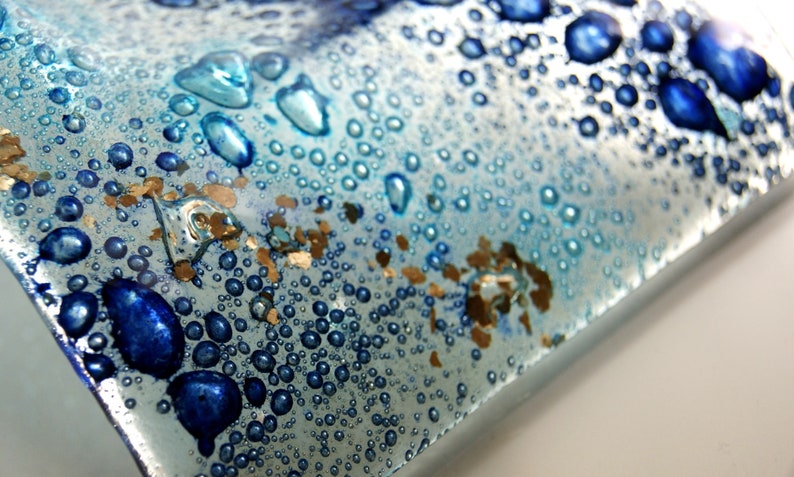 SHORES Sea Glass Handmade Trinket Tray, Blue Bubbles, square dish OOAK image 9