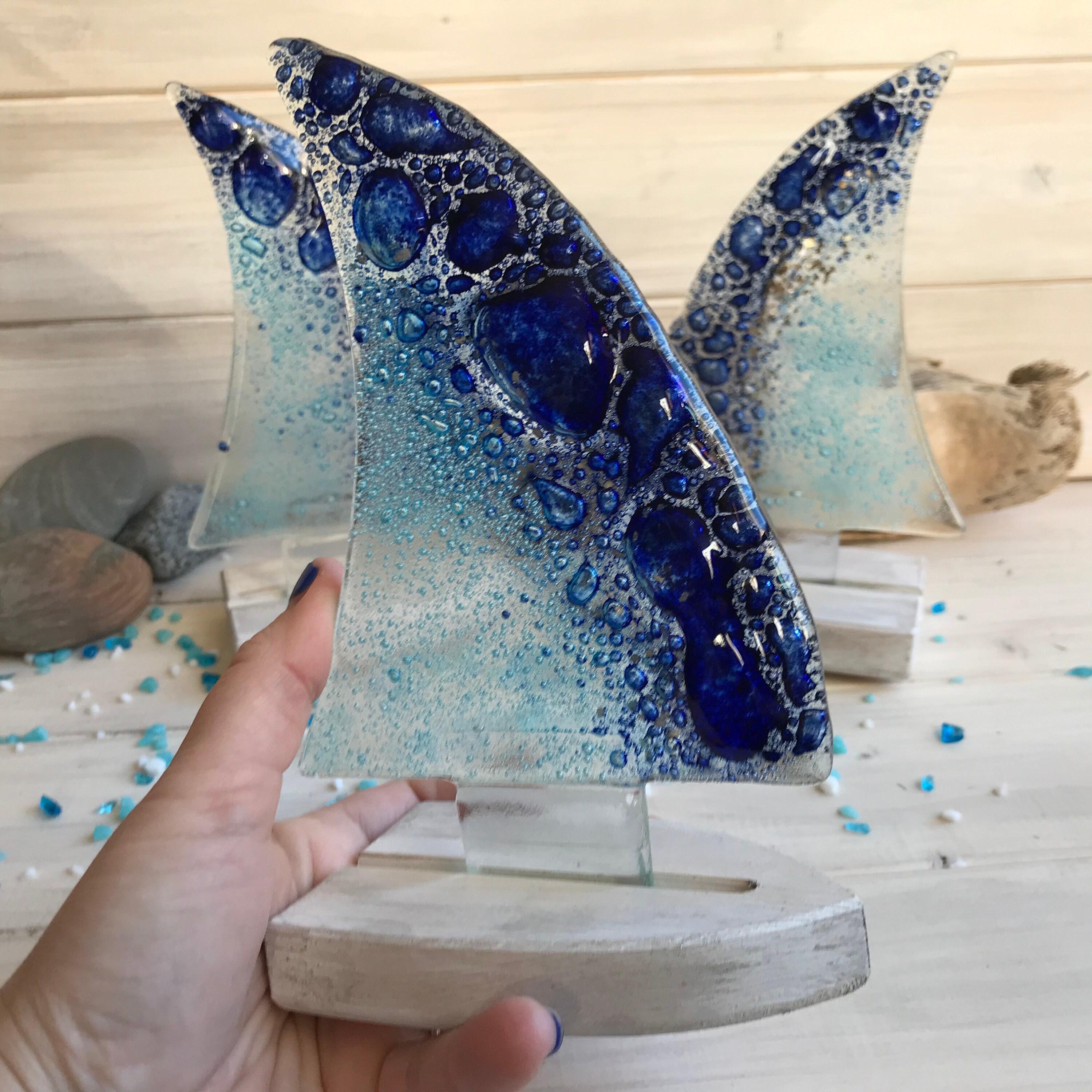 Shores Blue Ocean Bubbles Fused Glass Sailboat, Bateau Ornemental Turquoise Unique