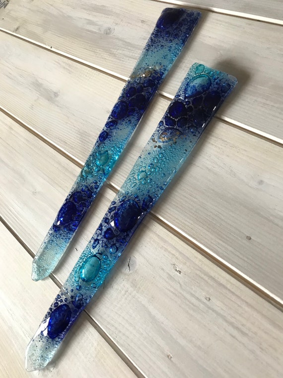 Blue Ocean Bubbles Fused Glass Handmade Plant Pot Stake Blue Ocean Bubbles Fused Glass Handmade