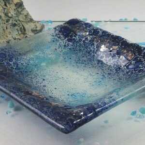 SHORES Sea Glass Handmade Trinket Tray, Blue Bubbles, square dish OOAK image 2