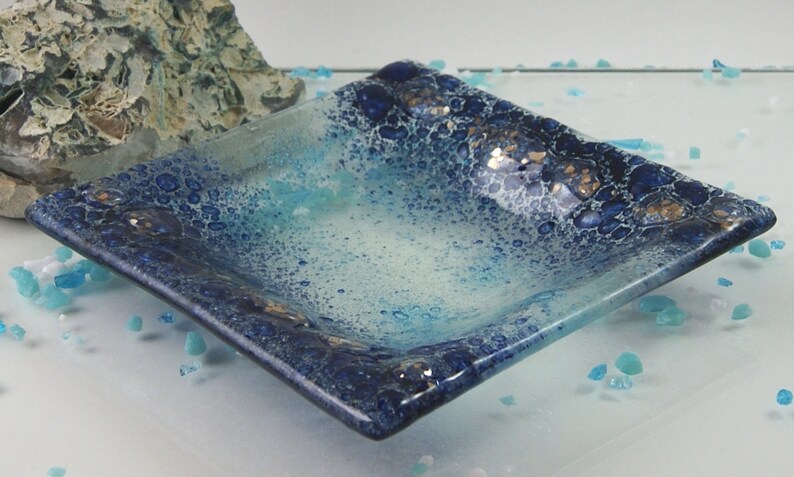 SHORES Sea Glass Handmade Trinket Tray, Blue Bubbles, square dish OOAK image 2