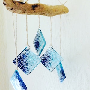 SHORELINE Blue Ocean Bubbles Fused Glass Handmade Driftwood Mobile, Turquoise Suncatcher